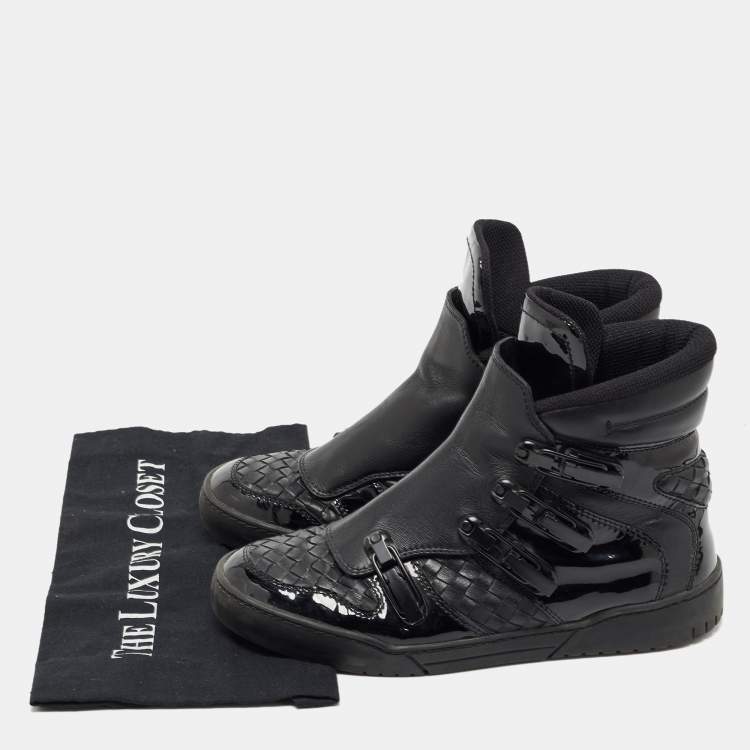 Pre Owned Bottega Veneta Black Woven Leather and Patent High Top Sneakers Size 41