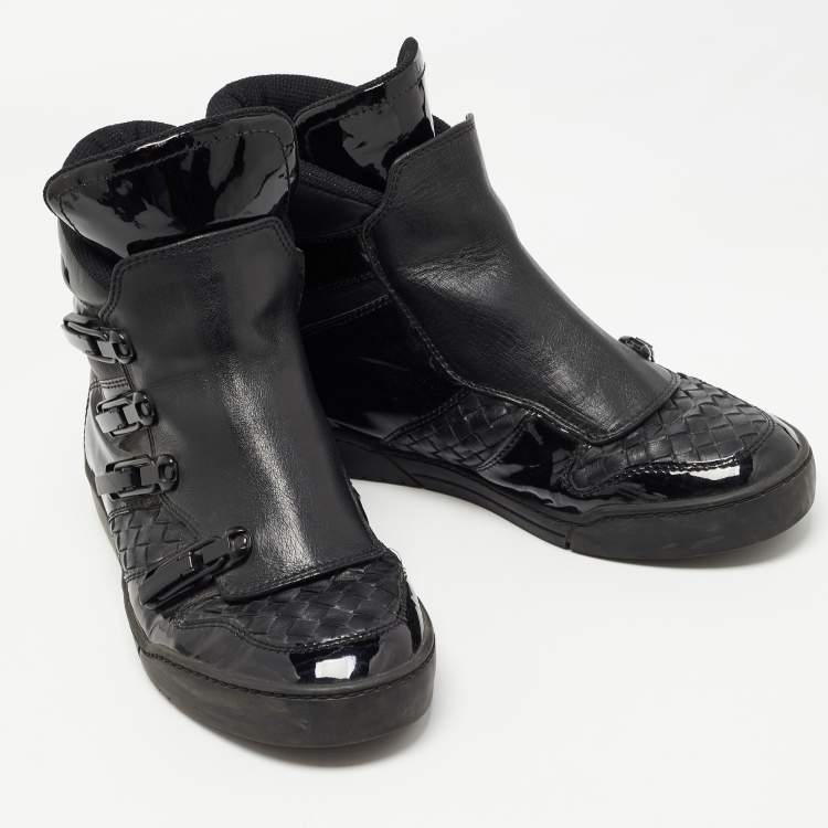 Pre Owned Bottega Veneta Black Woven Leather and Patent High Top Sneakers Size 41