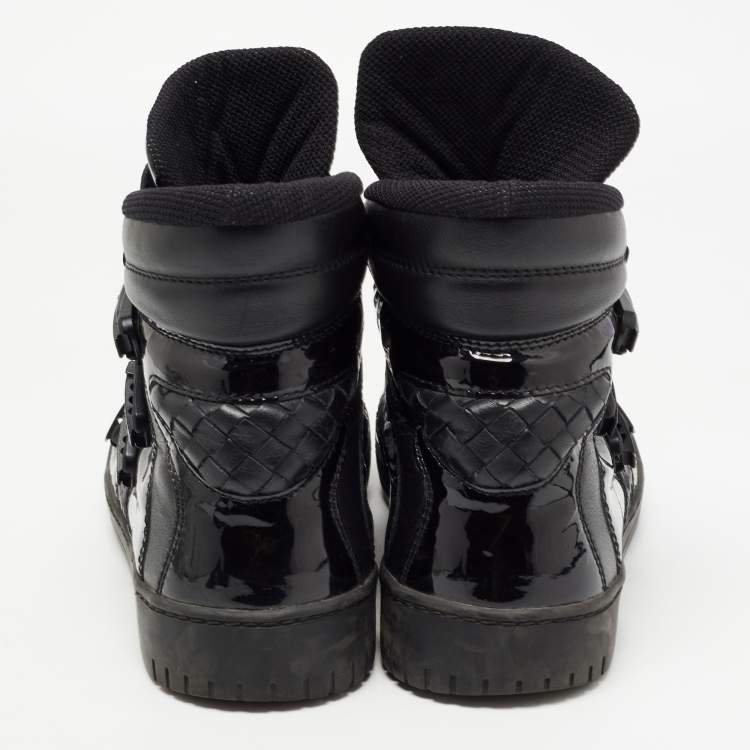 Pre Owned Bottega Veneta Black Woven Leather and Patent High Top Sneakers Size 41