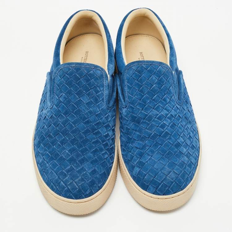 Pre Owned Bottega Veneta Blue Suede Intrecciato Low Top Sneakers Size 40.5