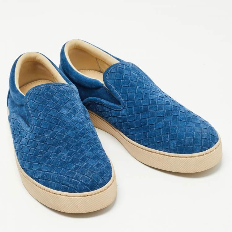 Pre Owned Bottega Veneta Blue Suede Intrecciato Low Top Sneakers Size 40.5