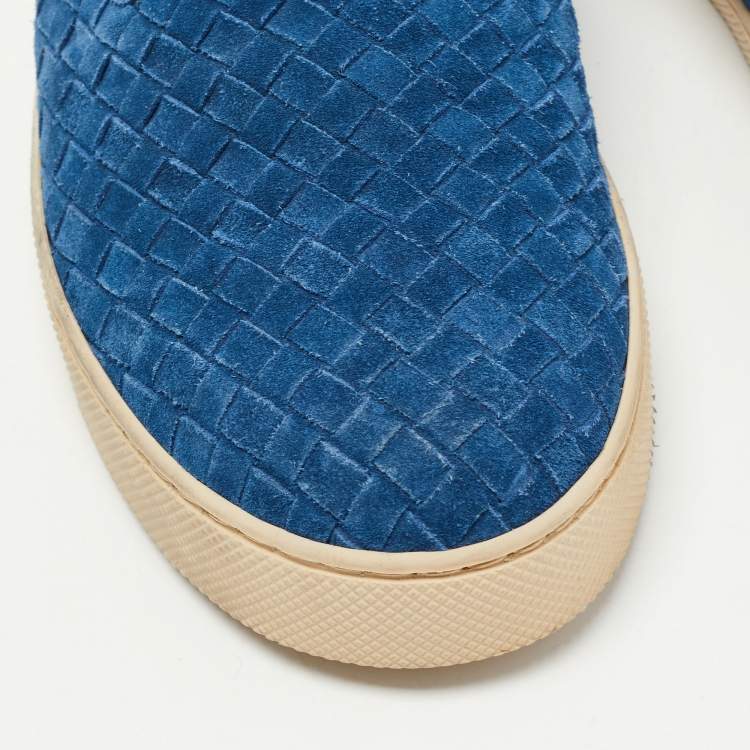 Pre Owned Bottega Veneta Blue Suede Intrecciato Low Top Sneakers Size 40.5