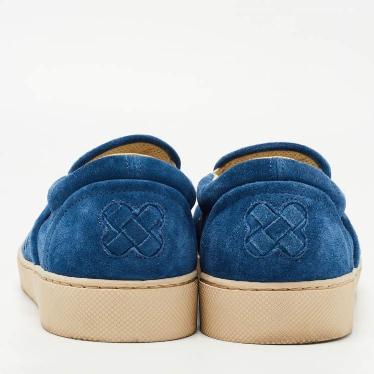 Pre Owned Bottega Veneta Blue Suede Intrecciato Low Top Sneakers Size 40.5