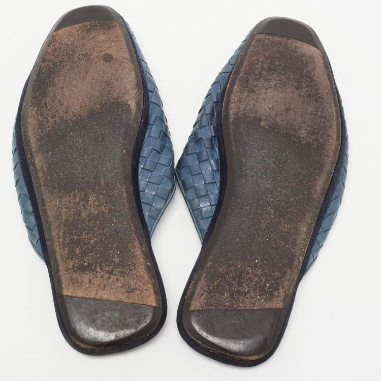Pre Owned Bottega Veneta Blue leather Intrecciato Fiandra Mule Flats Size 43.5