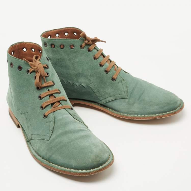 Pre Owned Bottega Veneta Green Suede Lace Up Boots Size 42