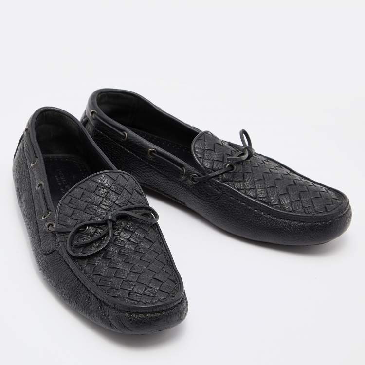 Pre Owned Bottega Veneta Black Intrecciato Leather Cervo Wave Driver Bow Slip On Loafers 41