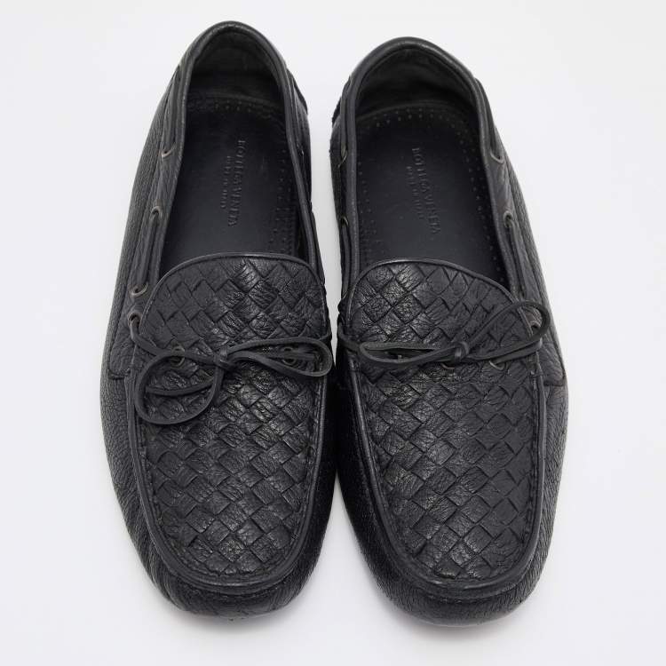 Pre Owned Bottega Veneta Black Intrecciato Leather Cervo Wave Driver Bow Slip On Loafers 41