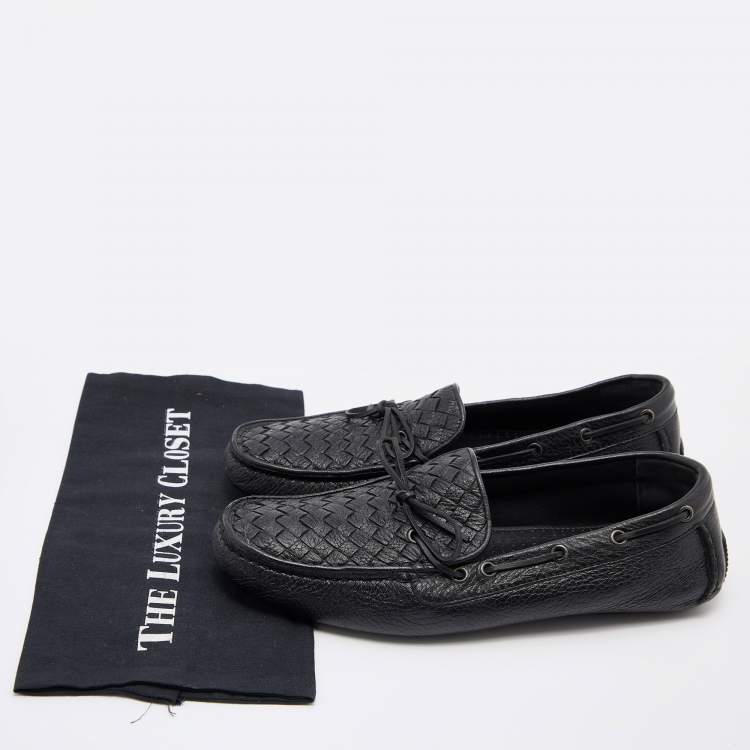 Pre Owned Bottega Veneta Black Intrecciato Leather Cervo Wave Driver Bow Slip On Loafers 41