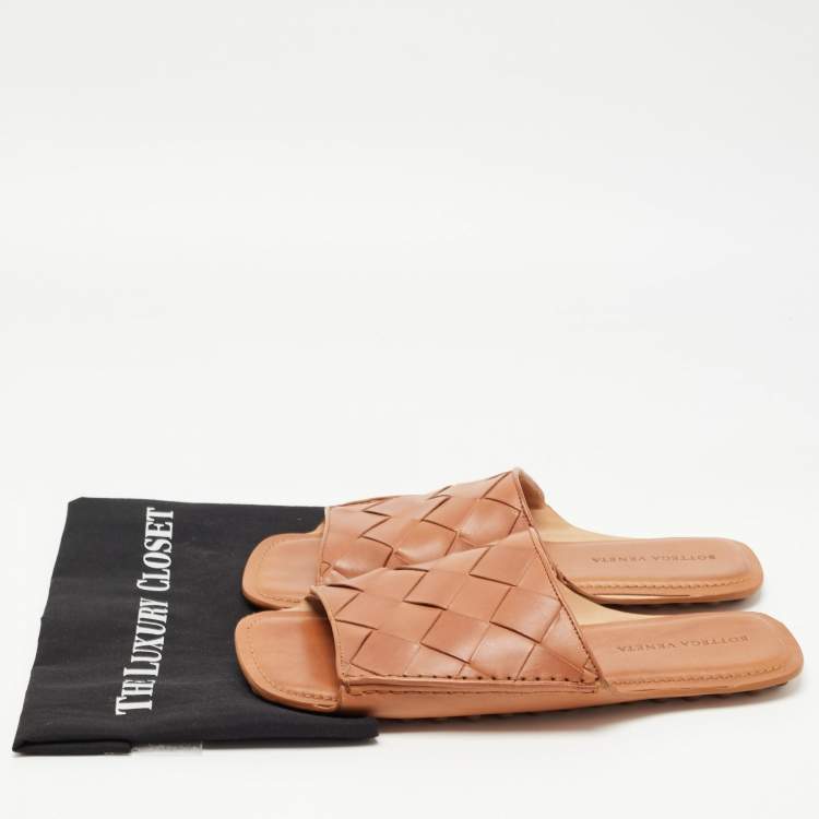 Pre Owned Bottega Veneta Brown Leather Intrecciato Weave Slide Sandals Size 44