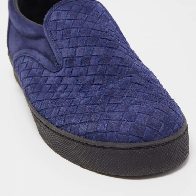 Pre Owned Bottega Veneta Navy Blue Suede Intrecciato Slip On Sneakers Size 44