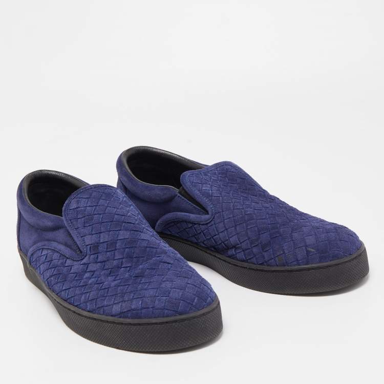 Pre Owned Bottega Veneta Navy Blue Suede Intrecciato Slip On Sneakers Size 44