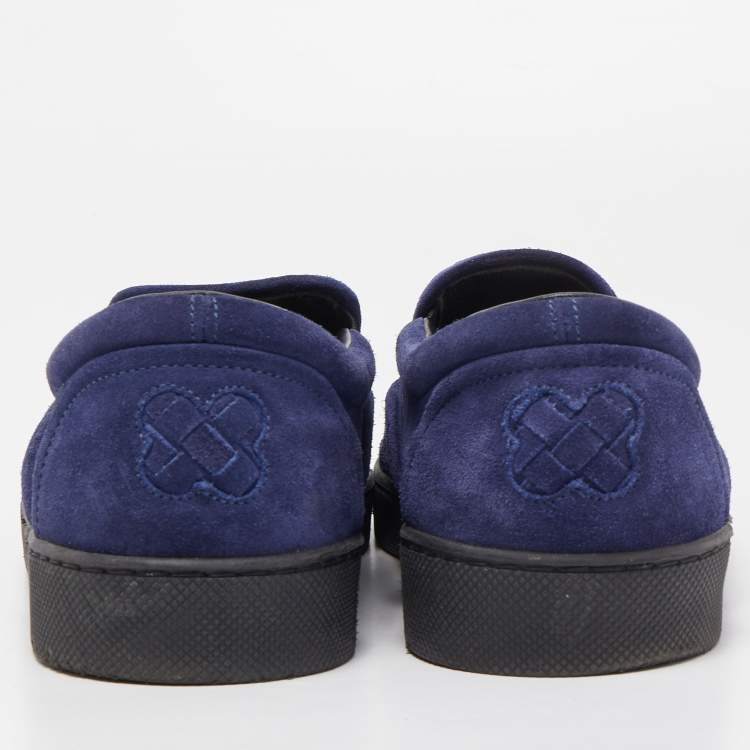 Pre Owned Bottega Veneta Navy Blue Suede Intrecciato Slip On Sneakers Size 44