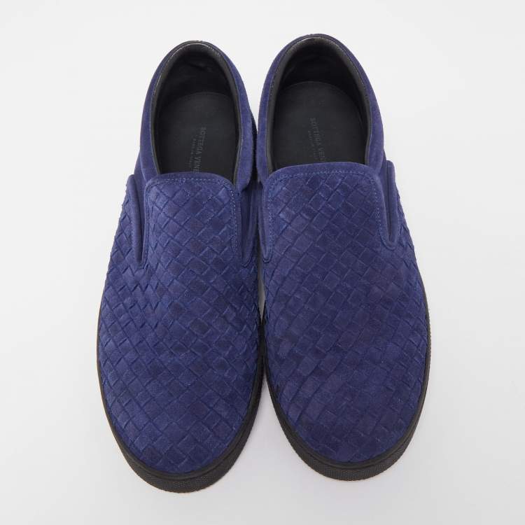Pre Owned Bottega Veneta Navy Blue Suede Intrecciato Slip On Sneakers Size 44