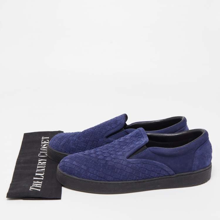 Pre Owned Bottega Veneta Navy Blue Suede Intrecciato Slip On Sneakers Size 44