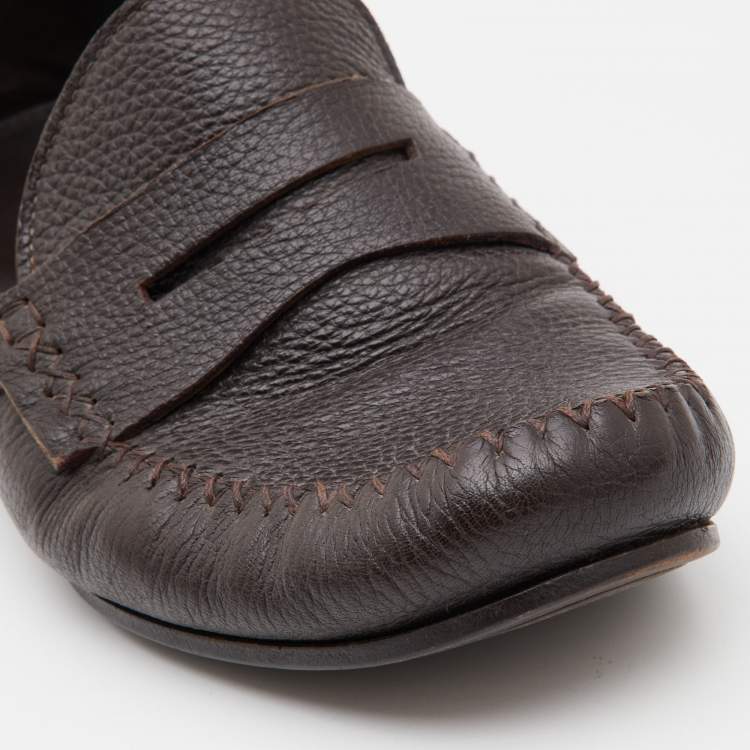 Pre Owned Bottega Veneta Dark Brown Leather Penny Slip On Loafers Size 42