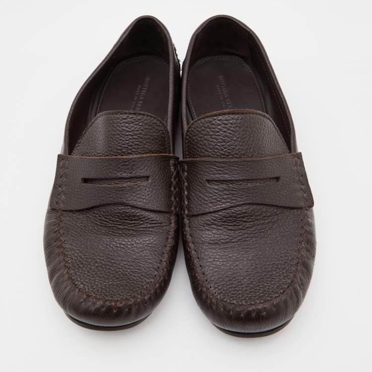 Pre Owned Bottega Veneta Dark Brown Leather Penny Slip On Loafers Size 42