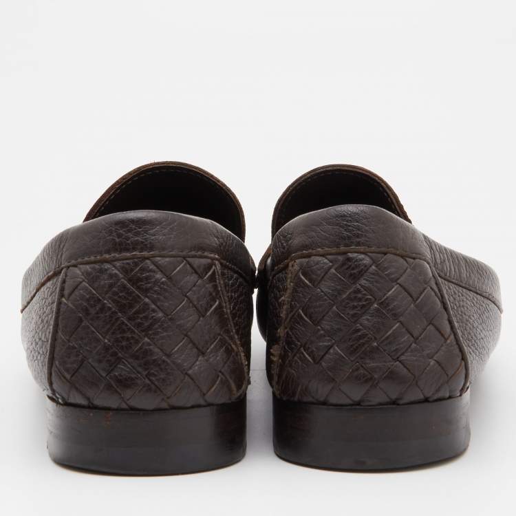 Pre Owned Bottega Veneta Dark Brown Leather Penny Slip On Loafers Size 42