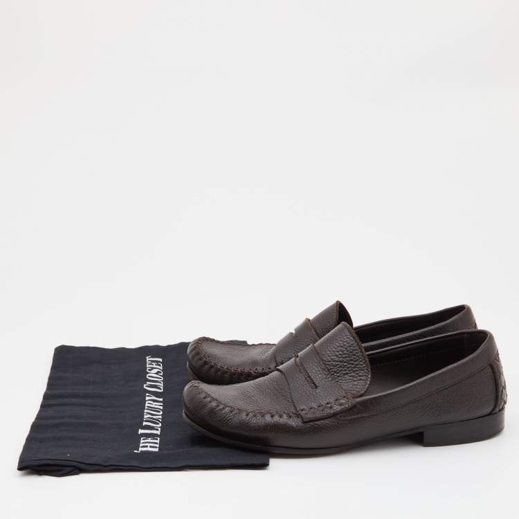 Pre Owned Bottega Veneta Dark Brown Leather Penny Slip On Loafers Size 42