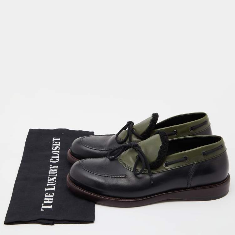 Pre Owned Bottega Veneta Black/Green Leather Slip On Loafers Size 42