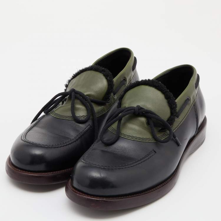 Pre Owned Bottega Veneta Black/Green Leather Slip On Loafers Size 42