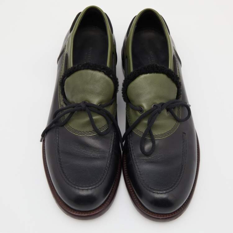 Pre Owned Bottega Veneta Black/Green Leather Slip On Loafers Size 42