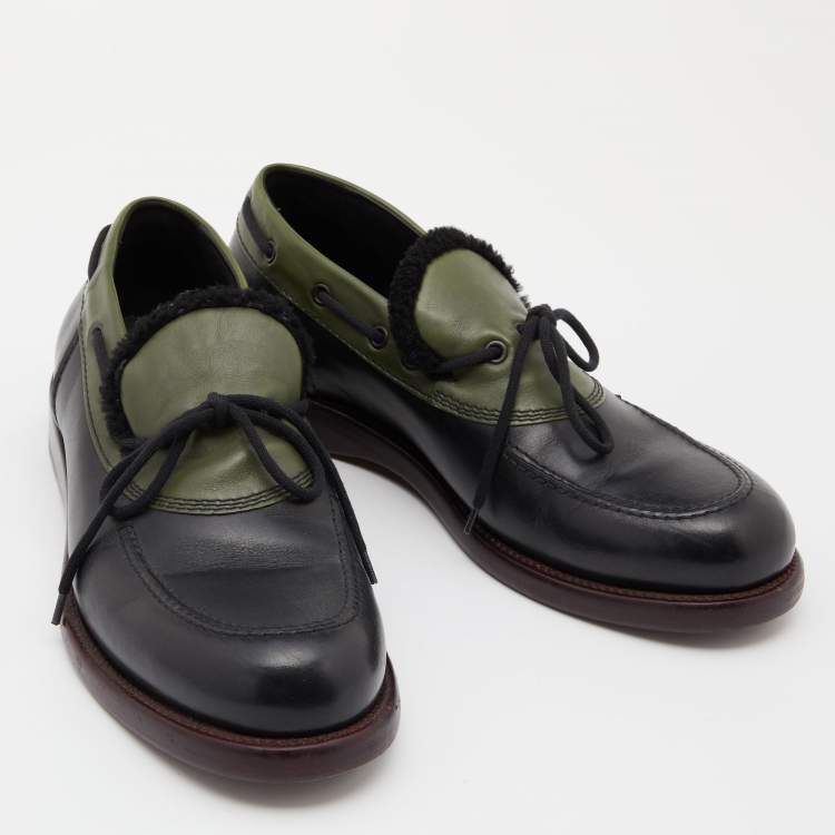 Pre Owned Bottega Veneta Black/Green Leather Slip On Loafers Size 42