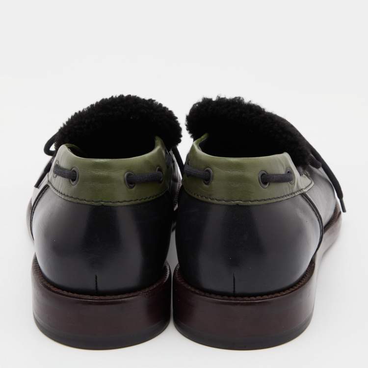 Pre Owned Bottega Veneta Black/Green Leather Slip On Loafers Size 42