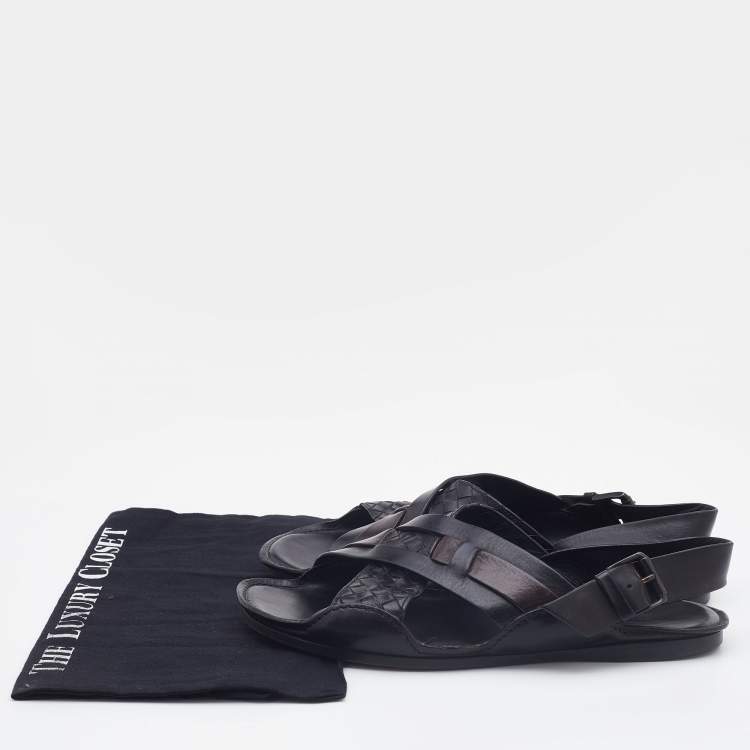 Pre Owned Bottega Veneta Black/Dark Brown Intrecciato Leather Criss Cross Flat Sandals Size 42.5