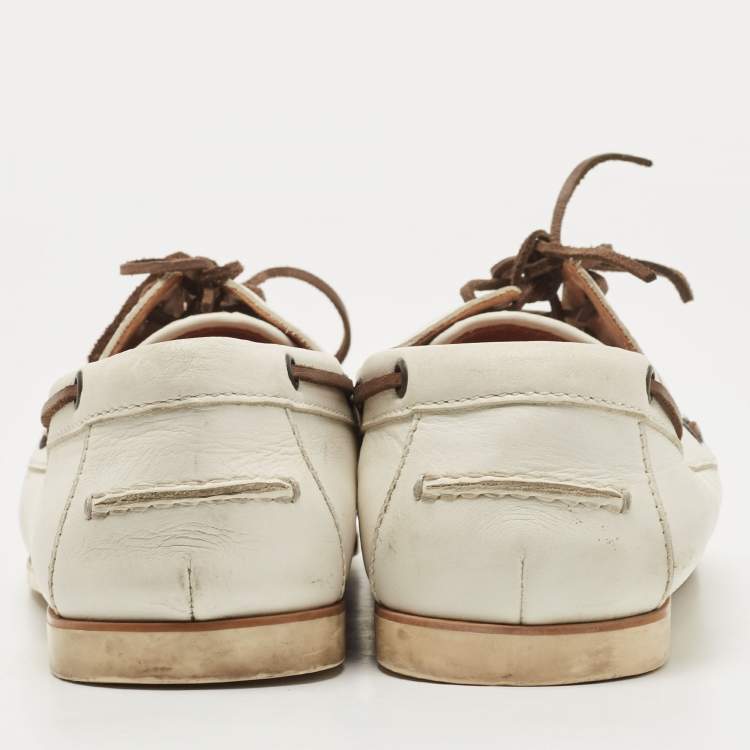 Pre Owned Bottega Veneta White Intercciato Leather Lace Up Boat Loafers Size 43