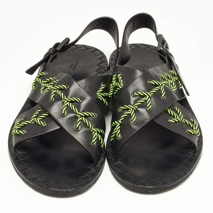 Pre Owned Bottega Veneta Black/Green Leather Criss Cross Flat Sandals Size 43
