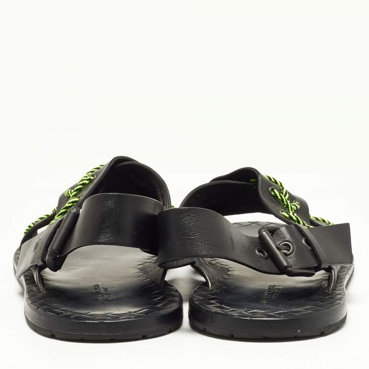 Pre Owned Bottega Veneta Black/Green Leather Criss Cross Flat Sandals Size 43