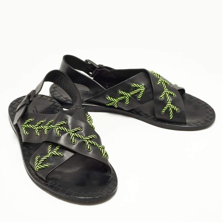 Pre Owned Bottega Veneta Black/Green Leather Criss Cross Flat Sandals Size 43
