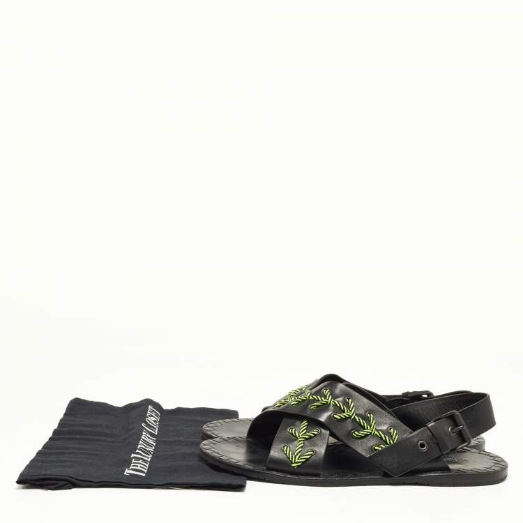 Pre Owned Bottega Veneta Black/Green Leather Criss Cross Flat Sandals Size 43