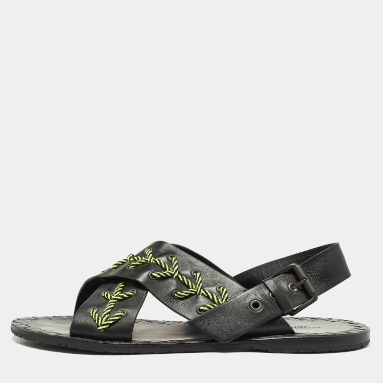 Pre Owned Bottega Veneta Black/Green Leather Criss Cross Flat Sandals Size 43