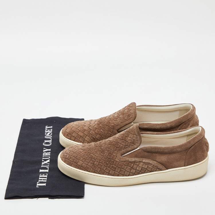 Pre Owned Bottega Veneta Brown Intrecciato Suede Dodger Slip On Sneakers Size 45