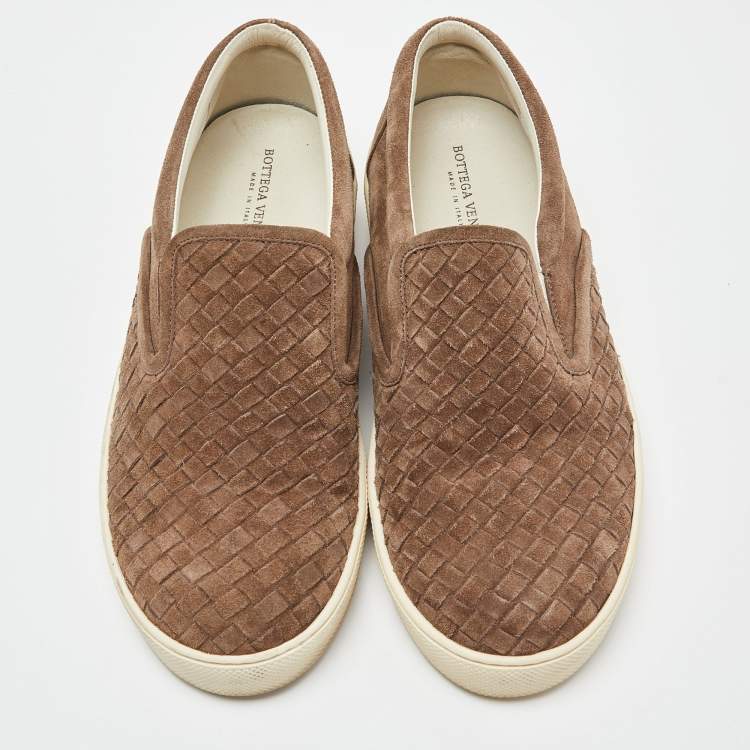 Pre Owned Bottega Veneta Brown Intrecciato Suede Dodger Slip On Sneakers Size 45