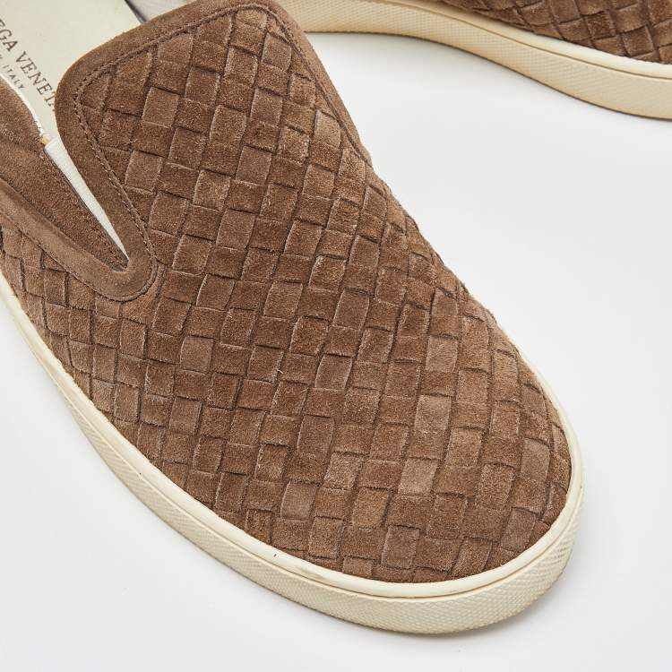 Pre Owned Bottega Veneta Brown Intrecciato Suede Dodger Slip On Sneakers Size 45