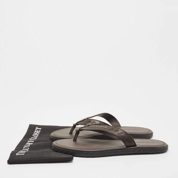 Pre Owned Bottega Veneta Brown Intrecciato Leather Thong Slide Flats Size 42