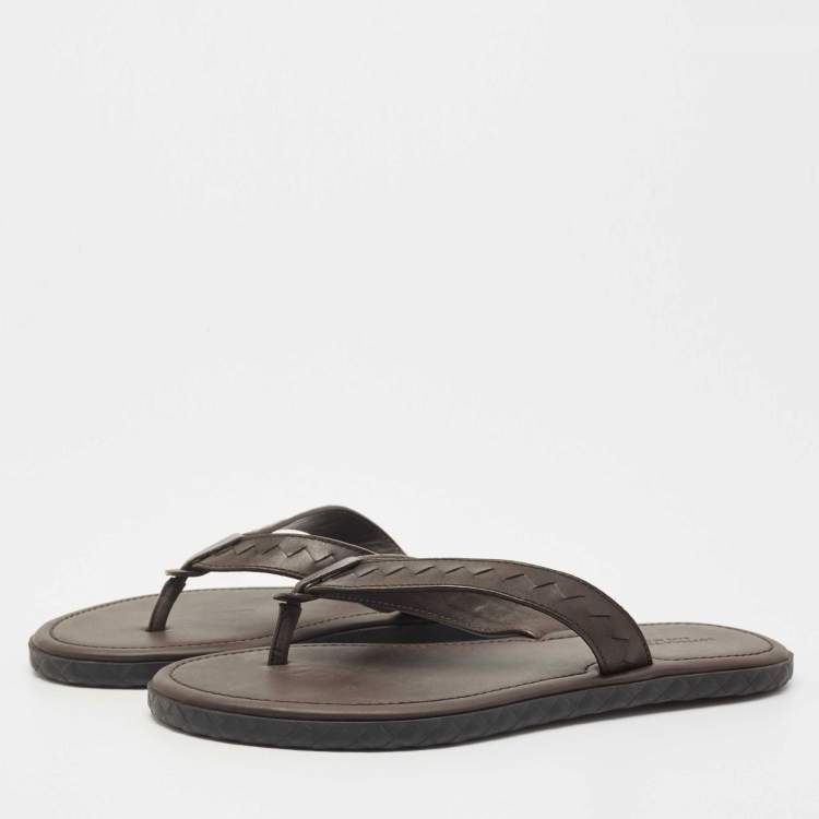 Pre Owned Bottega Veneta Brown Intrecciato Leather Thong Slide Flats Size 42