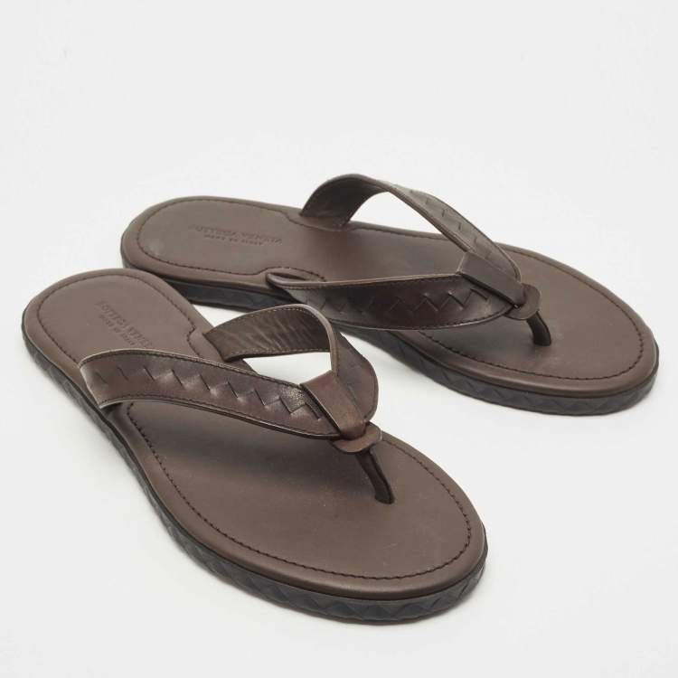 Pre Owned Bottega Veneta Brown Intrecciato Leather Thong Slide Flats Size 42