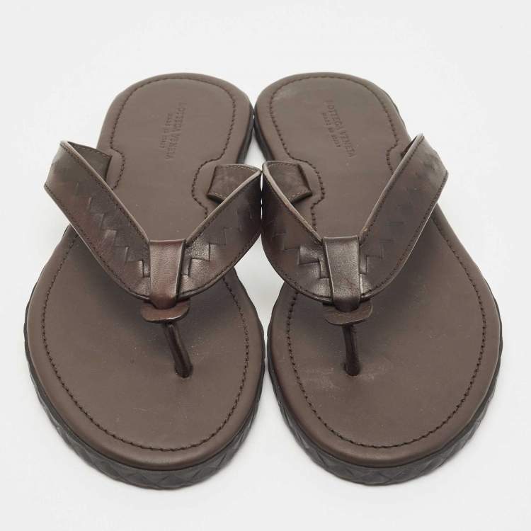 Pre Owned Bottega Veneta Brown Intrecciato Leather Thong Slide Flats Size 42