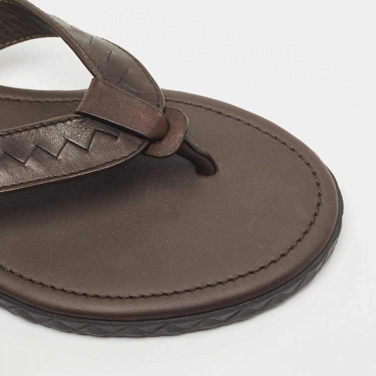 Pre Owned Bottega Veneta Brown Intrecciato Leather Thong Slide Flats Size 42
