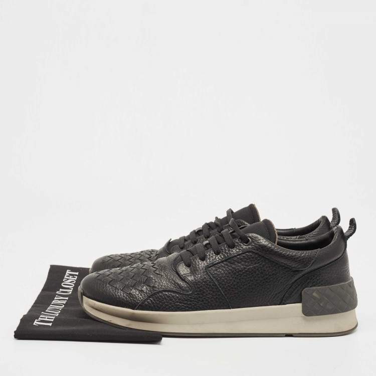 Pre Owned Bottega Veneta Black Intrecciato Leather Lace Up Sneakers Size 43
