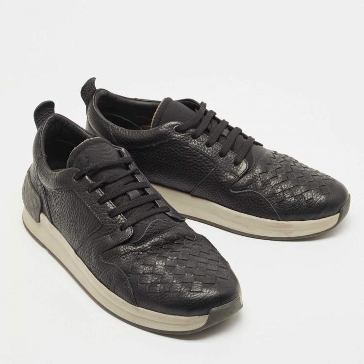 Pre Owned Bottega Veneta Black Intrecciato Leather Lace Up Sneakers Size 43