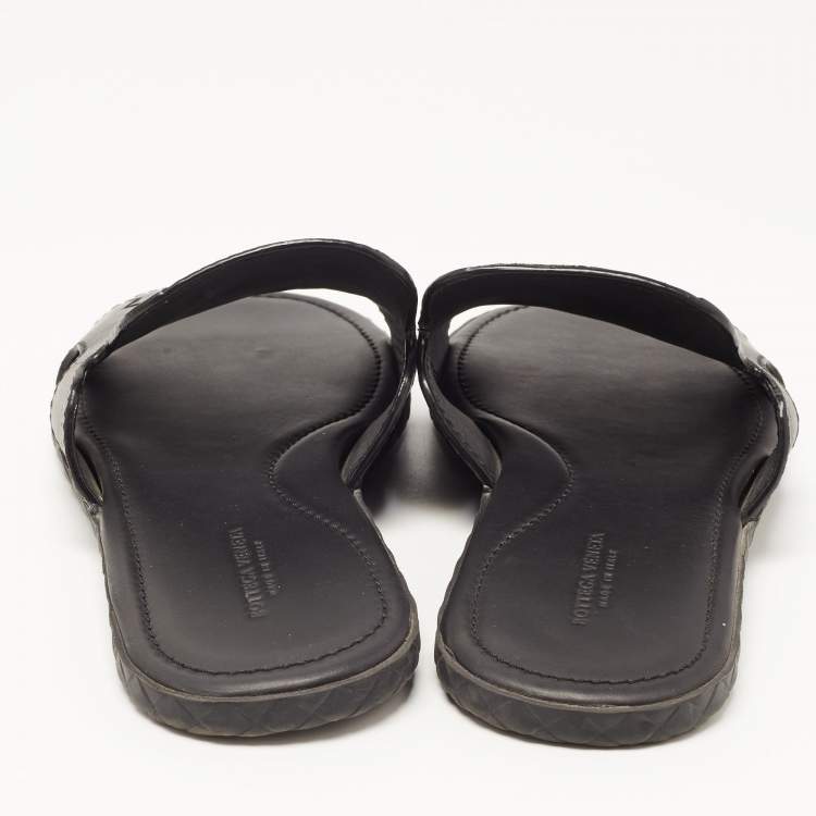 Pre Owned Bottega Veneta Black Leather Slide Sandals Size 41
