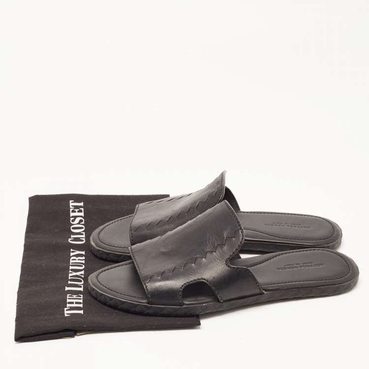 Pre Owned Bottega Veneta Black Leather Slide Sandals Size 41
