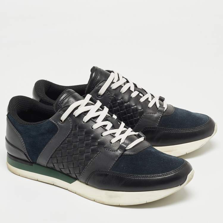 Pre Owned Bottega Veneta Navy Blue/Black Intrecciato Leather and Suede Lace Up Sneakers Size 43.5