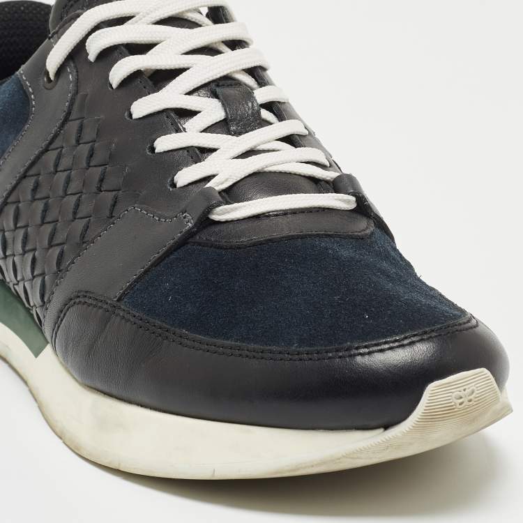 Pre Owned Bottega Veneta Navy Blue/Black Intrecciato Leather and Suede Lace Up Sneakers Size 43.5