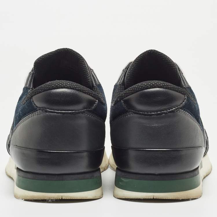 Pre Owned Bottega Veneta Navy Blue/Black Intrecciato Leather and Suede Lace Up Sneakers Size 43.5