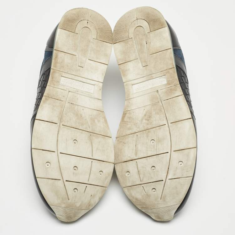 Pre Owned Bottega Veneta Navy Blue/Black Intrecciato Leather and Suede Lace Up Sneakers Size 43.5